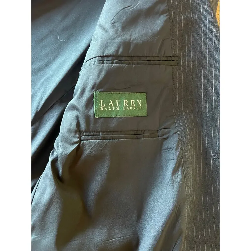 Mens Lauren Ralph Lauren 100% Wool‎ Gray Pinstripe Blazer Sport Jacket Size 46L